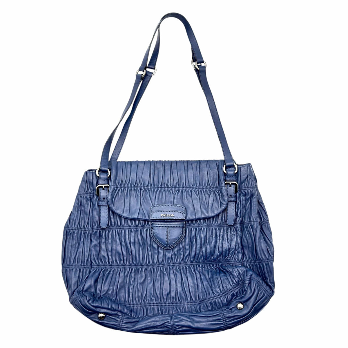 PRADA ネイビー ショルダーバッグ nappa gaufre PRADA Nappa Gaufre Leather Buckle Strap Shoulder Bag - Blue– Wag N