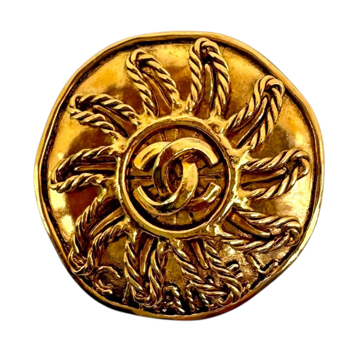 CHANEL Gold Sunburst Brooch with Interlocking CC Chanel Gold CC Sunburst Brooch – Consign of the Times ™ main image 2