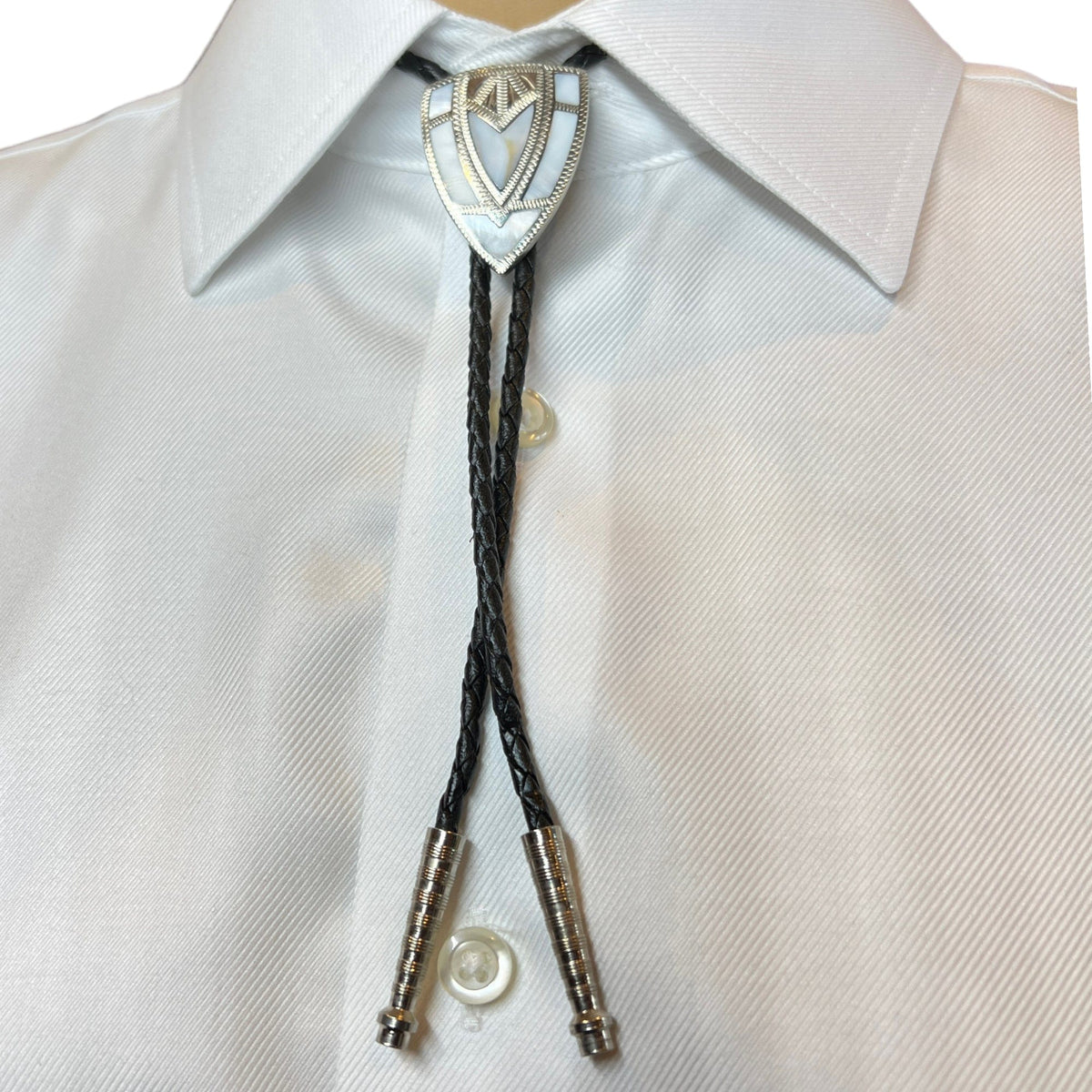JH Vintage Unisex Mother of Pearl Shield Bolo Tie - Silver