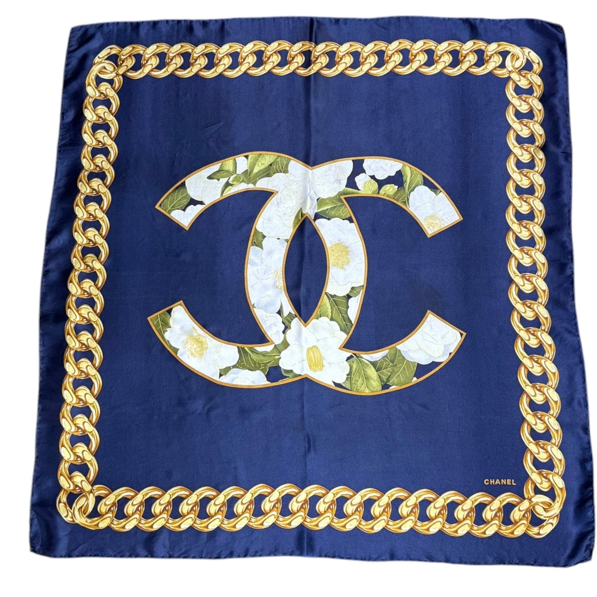 Vintage Chanel Scarf ヴィンテージ シャネルスカーフカメリア CHANEL Vintage Camelia CC & Chain Border Silk Scarf - Navy