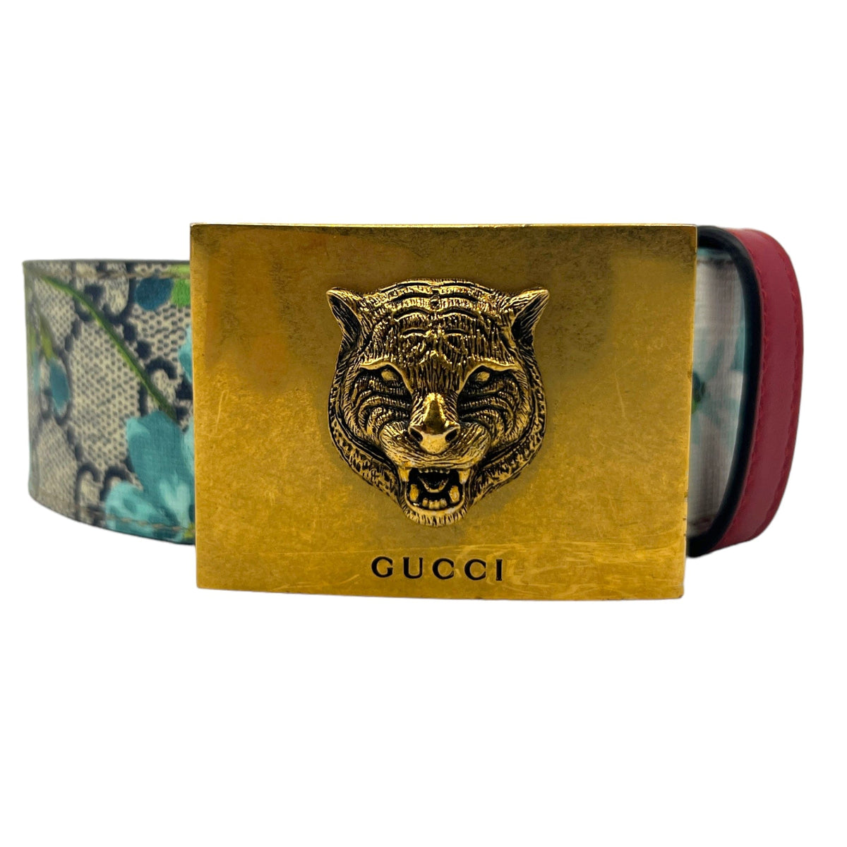 Gucci GG Supreme Blooms Belt with Tiger Head Buckle - Blue