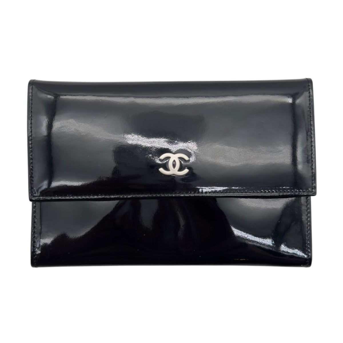 CHANEL Vintage Coco Mark Patent Leather Small Flap Wallet - Black
