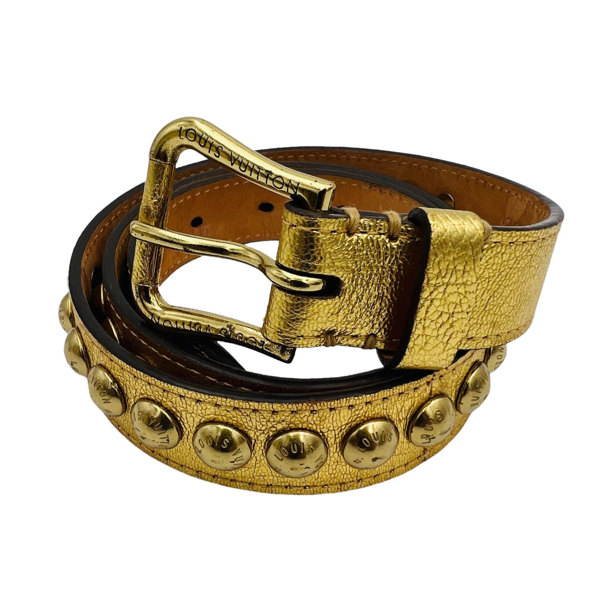 LOUIS VUITTON Studs Belt Leather Gold LV Authentic Sz Small