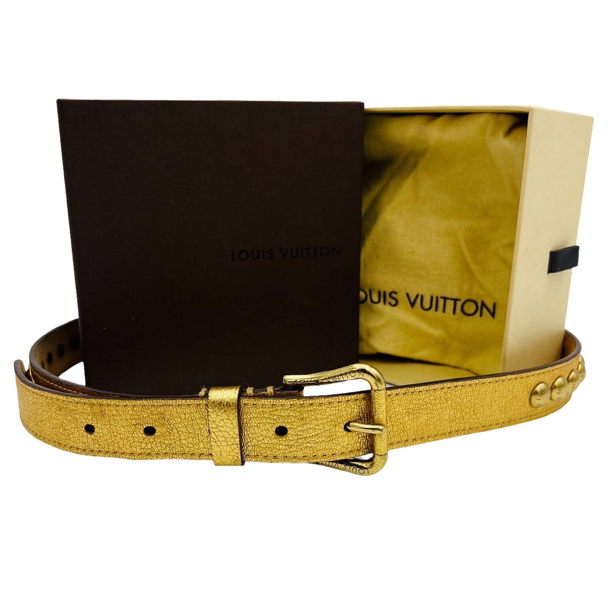 LOUIS VUITTON Authentic belt with box golden tone buckle leather
