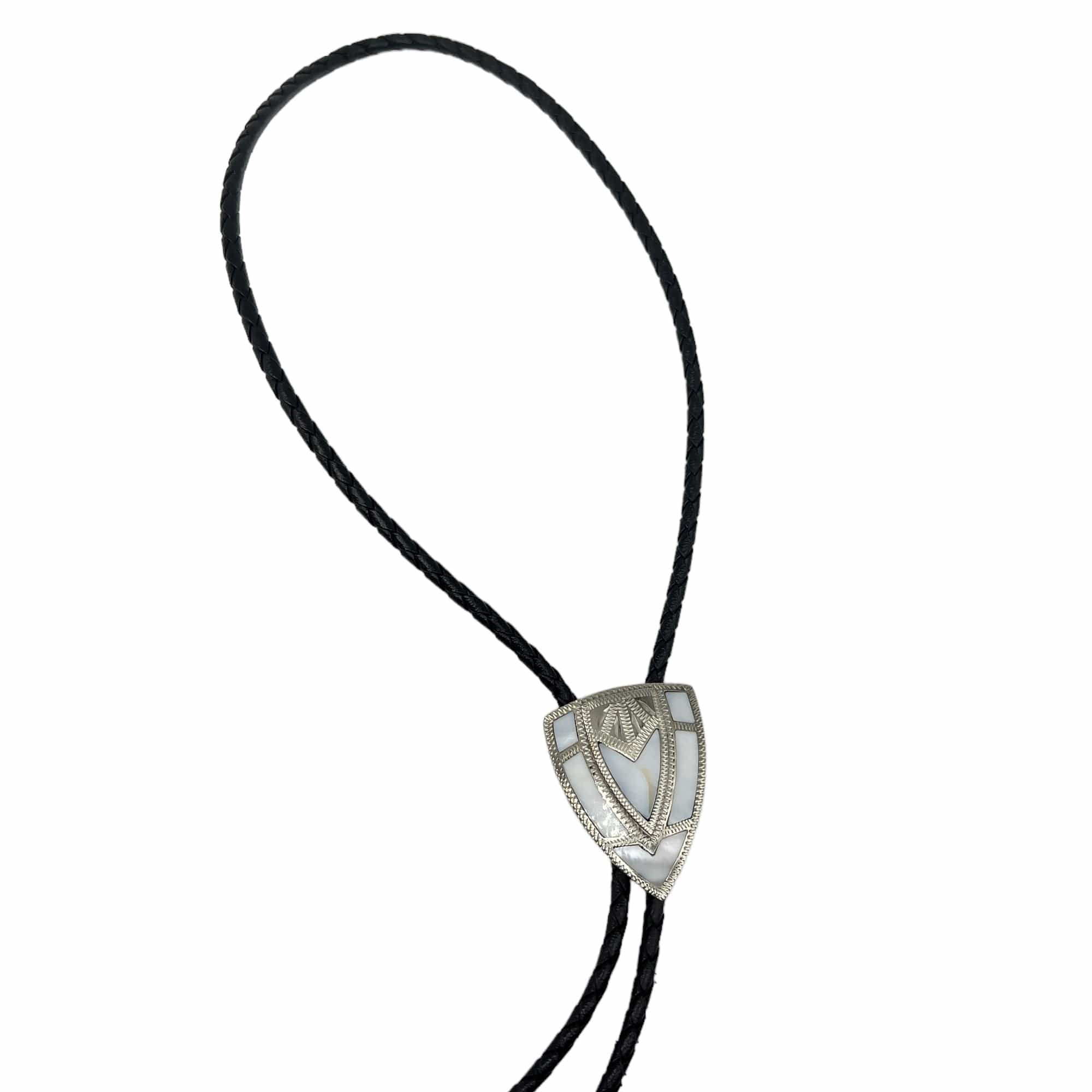 JH Vintage Unisex Mother of Pearl Shield Bolo Tie - Silver