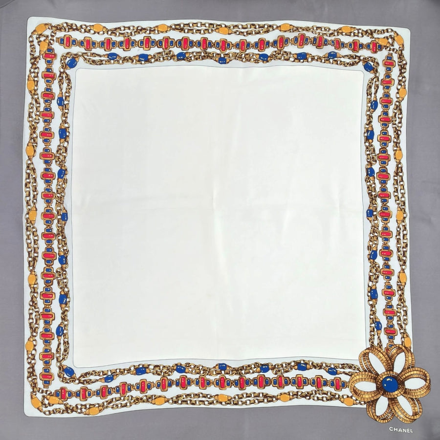 CHANEL Vintage 1980's Border Gripoix Motif Silk Scarf - Grey– Wag
