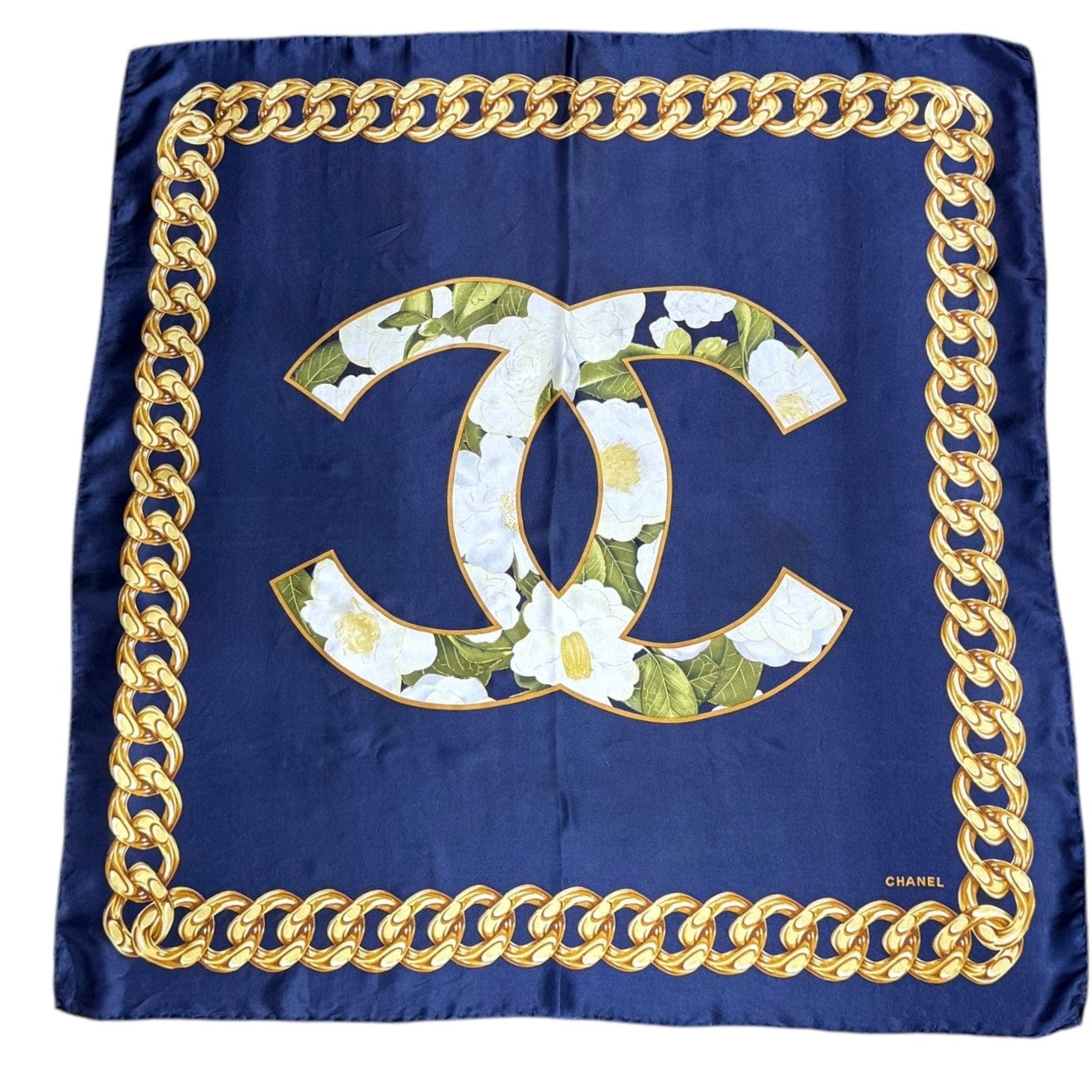 Vintage Chanel Scarf ヴィンテージ シャネルスカーフカメリア CHANEL Vintage Camelia CC & Chain Border Silk Scarf - Navy