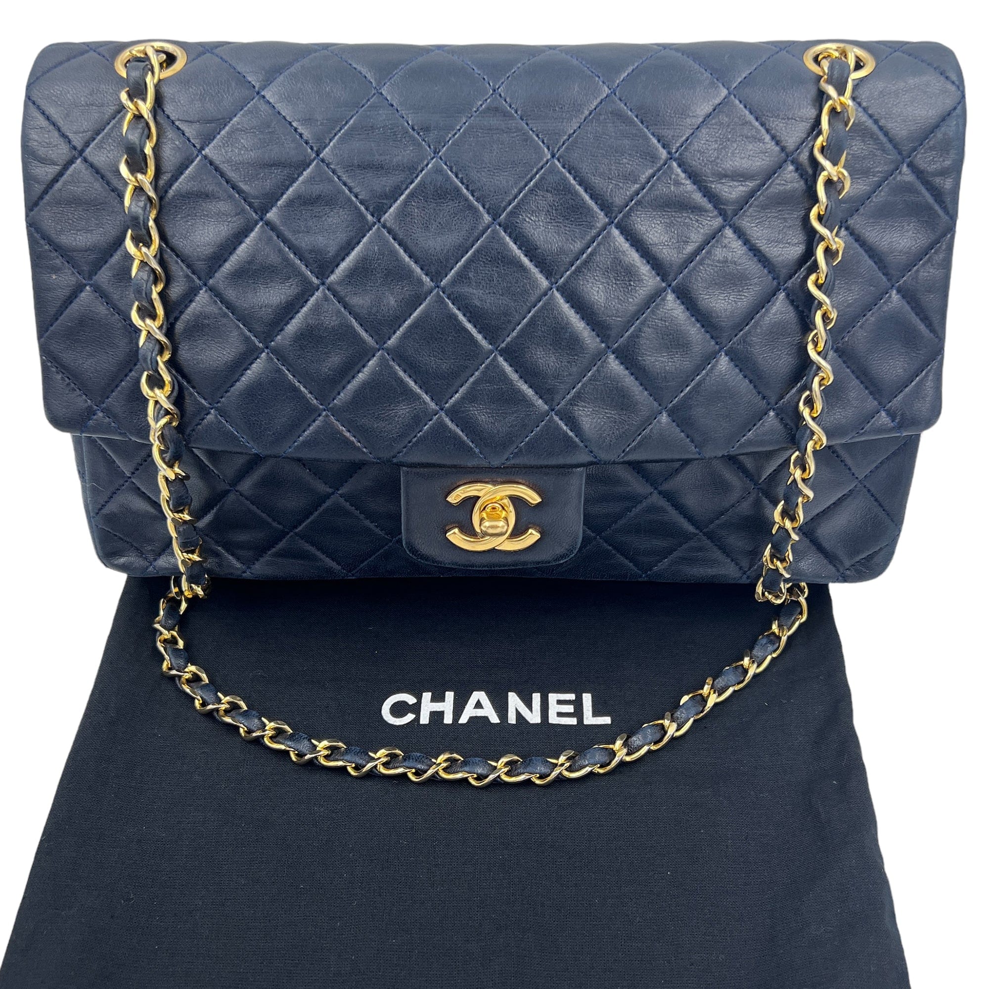 Chanel Classic Vintage Medium Quilted Leather Flap Shoulder Bag - Midnight Blue/Black