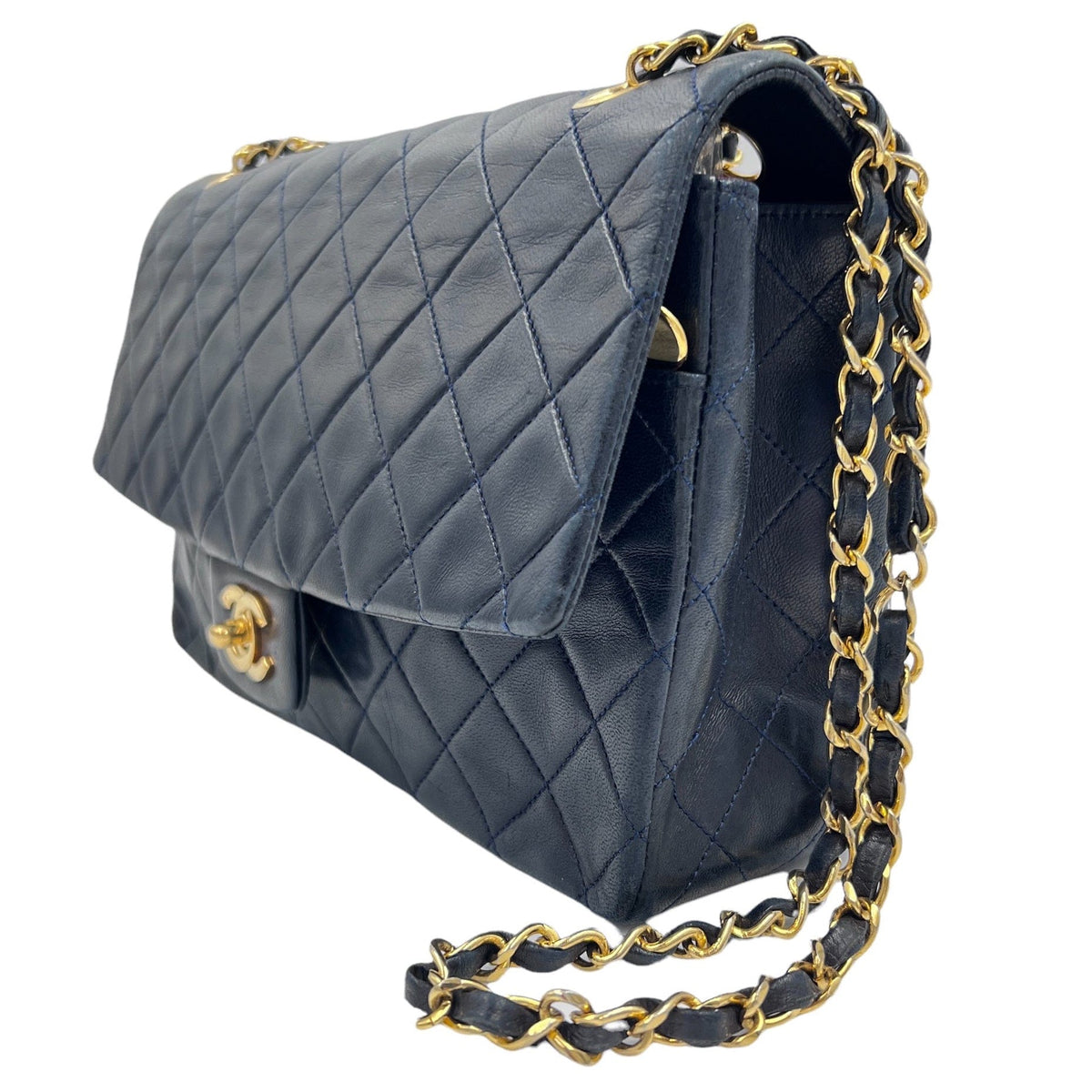 CHANEL Classic Vintage Medium Quilted Leather Flap Shoulder Bag - Midnight  Blue/Black